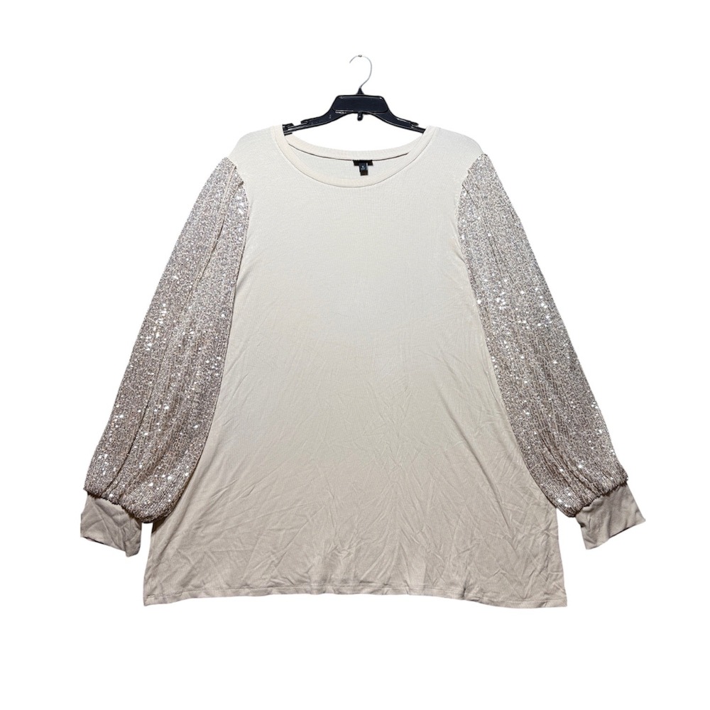 Torrid Sequin Sleeve Ribbed Top Women 5 Beige Long Sleeve Sparkle